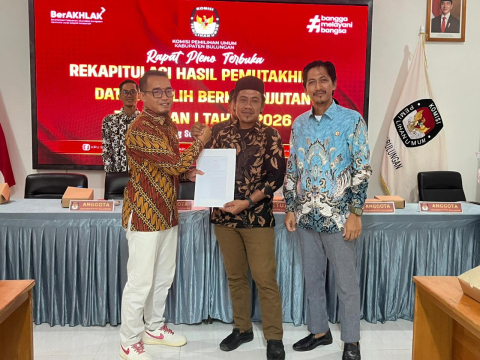 Foto Ketua KPU Bulungan saat  Penyerahan BA hasil pleno PDPB Triwulan I tahun 2026 kepada Bawaslu Bulungan